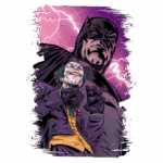 Ilustração do confronto entre Batman e Coringa, retratando Batman em uma pose forte e ameaçadora ao fundo, enquanto o Coringa sorri de maneira sinistra em primeiro plano. O fundo é dramático, com raios e cores sombrias, transmitindo a tensão entre os icônicos personagens da DC Comics.