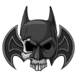 Imagem estilizada de um crânio com elementos do Batman, apresentando um design em preto e cinza, com asas de morcego ao fundo. Ideal para fãs de quadrinhos e cultura pop.