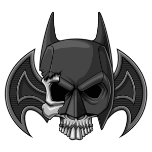 Imagem estilizada de um crânio com elementos do Batman, apresentando um design em preto e cinza, com asas de morcego ao fundo. Ideal para fãs de quadrinhos e cultura pop.