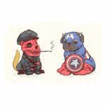 Imagem ilustrativa de dois cães em trajes de personagens. À esquerda, um cachorro com aparência de esqueleto vestindo um uniforme militar, segurando um cigarro. À direita, um pug vestido como Capitão América, segurando um escudo com a estrela. Ideal para fãs de arte divertida e cultura pop.