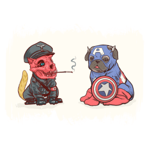 Imagem ilustrativa de dois cães em trajes de personagens. À esquerda, um cachorro com aparência de esqueleto vestindo um uniforme militar, segurando um cigarro. À direita, um pug vestido como Capitão América, segurando um escudo com a estrela. Ideal para fãs de arte divertida e cultura pop.