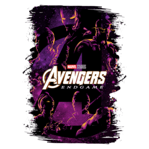 Arte promocional do filme "Avengers: Endgame" da Marvel Studios, apresentando os principais personagens em um design estilizado e colorido.