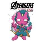 Personagem Vision em estilo cartoon, da franquia Avengers: Endgame, com fundo colorido e logo da Marvel Studios.
