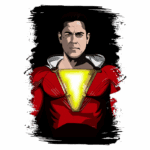 Ilustração do super-herói Shazam, vestindo um traje vermelho com detalhes em prata e um símbolo amarelo em seu peito. O personagem exibe uma expressão séria e confiante, destacando-se em um fundo escuro e vibrante.