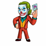 Personagem de palhaço com maquiagem e cabelo loiro, vestido com um traje colorido e segurando uma carta, simbolizando o Coringa em estilo cartoon.