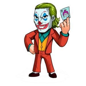 Personagem de palhaço com maquiagem e cabelo loiro, vestido com um traje colorido e segurando uma carta, simbolizando o Coringa em estilo cartoon.