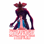Imagem de Stranger Things mostrando Eleven, uma jovem com vestido rosa e jaqueta azul, em primeiro plano, e uma criatura sombria ameaçadora ao fundo. O título "Stranger Things" aparece em letras vermelhas na parte inferior.