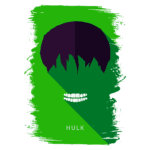 Imagem estilizada do Hulk, apresentando um fundo verde vibrante com traços gráficos que destacam seu rosto e sorriso. A arte minimalista enfatiza a identidade do personagem icônico da Marvel.