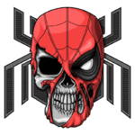 Cabeça de esqueleto estilizada com tema do Homem-Aranha, apresentando detalhes em vermelho e preto, com teia ao fundo. Ideal para fãs de arte pop e cultura geek.