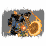 Ilustração de um esqueleto montando uma motocicleta flamejante, acompanhado por uma criança esquelética em um triciclo. Ambos apresentam detalhes como roupas rasgadas e elementos de terror, criando uma atmosfera sombria e divertida.