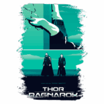 Arte do filme "Thor: Ragnarok", dirigido por Taika Waititi, apresentando Thor e Loki em uma paisagem estilizada com tons de azul e verde.
