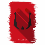 Ilustração minimalista do personagem Hellboy em um fundo vermelho, destacando seu logo icônico com sombra. Ideal para fãs de quadrinhos e cultura pop.