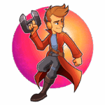 Personagem animado masculino com cabelo laranja e fones de ouvido, vestido com um casaco longo vermelho e calças cinzas, segurando um dispositivo em forma de gancho, posicionado sobre um fundo colorido em tons de rosa e laranja.