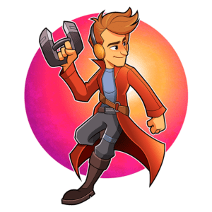 Personagem animado masculino com cabelo laranja e fones de ouvido, vestido com um casaco longo vermelho e calças cinzas, segurando um dispositivo em forma de gancho, posicionado sobre um fundo colorido em tons de rosa e laranja.