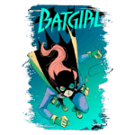 Ilustração de Batgirl, personagem da DC Comics, vestindo uma roupa preta e azul com capa, saltando em direção ao espectador em um fundo azul vibrante.