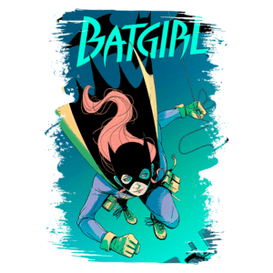 Ilustração de Batgirl, personagem da DC Comics, vestindo uma roupa preta e azul com capa, saltando em direção ao espectador em um fundo azul vibrante.