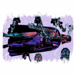 Imagem de um personagem cibernético em um ambiente futurista, com braços robóticos e elementos de tecnologia avançada, destacando um fundo em tons de roxo e detalhes gráficos que remetem a um universo de ficção científica.