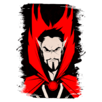 Ilustração de um personagem masculino com capa vermelha e detalhes sombrios, apresentando uma expressão séria e poderes mágicos. O fundo é escuro, destacando o visual dramático e místico do personagem.