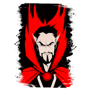 Ilustração de um personagem masculino com capa vermelha e detalhes sombrios, apresentando uma expressão séria e poderes mágicos. O fundo é escuro, destacando o visual dramático e místico do personagem.