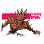 Imagem do personagem Groot, um ser de madeira com feições humanoides, apresentando galhos e luzes vermelhas em seu corpo. O fundo é colorido com uma faixa rosa e o nome "GROOT" em destaque.