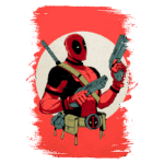 Imagem do personagem Deadpool, conhecido por seu humor e habilidades de combate, segurando duas pistolas. Ele está vestido com um traje vermelho e preto, e possui uma katana nas costas, com um fundo vermelho e um círculo branco. Ideal para fãs de quadrinhos e cultura pop.
