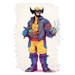 Personagem de quadrinhos com garras de adamantium, vestido com um casaco azul, camiseta amarela e calça roxa, segurando uma bebida em uma mão e mostrando as garras na outra, fundo claro e pintura estilizada.