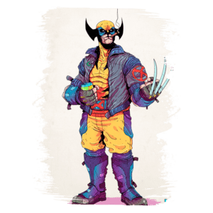 Personagem de quadrinhos com garras de adamantium, vestido com um casaco azul, camiseta amarela e calça roxa, segurando uma bebida em uma mão e mostrando as garras na outra, fundo claro e pintura estilizada.