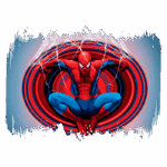 Homem-Aranha em pose dinâmica, com teias e fundo em espiral vermelho e azul, representando movimento e ação.