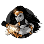 Ilustração da Mulher-Maravilha em estilo artístico, destacando seu traje icônico e acessórios, com um fundo circular. A personagem é retratada em uma pose de força, simbolizando empoderamento e heroísmo.