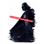 Darth Vader segurando um sabre de luz vermelho em um fundo espacial, representando um ícone da saga Star Wars.