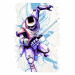 Ilustração de um astronauta em traje espacial, executando um movimento dinâmico com uma espada, em um fundo estilizado. A imagem destaca elementos de ficção científica e aventura.