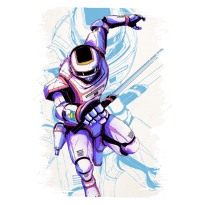 Ilustração de um astronauta em traje espacial, executando um movimento dinâmico com uma espada, em um fundo estilizado. A imagem destaca elementos de ficção científica e aventura.