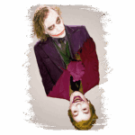 Ilustração estilizada do Coringa, mostrando duas versões do personagem, uma com cabelo loiro e a outra com cabelo escuro, ambas vestidas com ternos roxos. A imagem destaca a expressão facial única e a maquiagem característica do vilão da DC Comics.