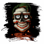 Imagem de uma ilustração estilizada de um crânio com cabelo verde, olhos grandes e expressão macabra, acompanhada da frase "Why so serious?" em destaque. O fundo é escuro com detalhes em laranja, criando um efeito dramático. Ideal para fãs de arte pop e cultura geek.