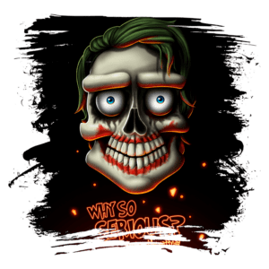 Imagem de uma ilustração estilizada de um crânio com cabelo verde, olhos grandes e expressão macabra, acompanhada da frase "Why so serious?" em destaque. O fundo é escuro com detalhes em laranja, criando um efeito dramático. Ideal para fãs de arte pop e cultura geek.
