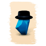 Pedra azul estilizada com um chapéu preto, em um fundo neutro, representando um design moderno e criativo. Ideal para ilustrações de arte digital ou branding.