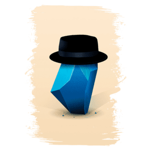 Pedra azul estilizada com um chapéu preto, em um fundo neutro, representando um design moderno e criativo. Ideal para ilustrações de arte digital ou branding.