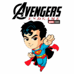 Imagem estilizada de um super-herói com traje azul e vermelho, voando com um gesto de ação, ao lado do logotipo de "Avengers: Endgame" da Marvel Studios.