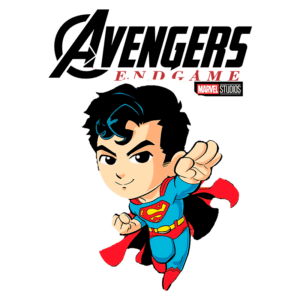 Imagem estilizada de um super-herói com traje azul e vermelho, voando com um gesto de ação, ao lado do logotipo de "Avengers: Endgame" da Marvel Studios.