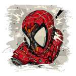 Ilustração de um personagem inspirado no Homem-Aranha, com um traje futurista vermelho e detalhes tecnológicos, destacando elementos de design mecânico e uma expressão dinâmica. Fundo com efeitos de explosão em tons neutros.