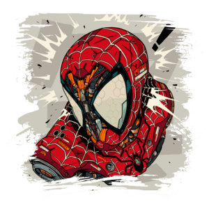 Ilustração de um personagem inspirado no Homem-Aranha, com um traje futurista vermelho e detalhes tecnológicos, destacando elementos de design mecânico e uma expressão dinâmica. Fundo com efeitos de explosão em tons neutros.