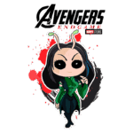 Imagem de personagem estilizado de "Avengers: Endgame" da Marvel, com cabelo longo e escuro, usando um traje verde e preto, com antenas. Fundo com manchas vermelhas, representando ação e emoção do filme.