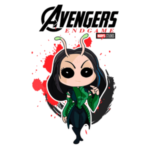 Imagem de personagem estilizado de "Avengers: Endgame" da Marvel, com cabelo longo e escuro, usando um traje verde e preto, com antenas. Fundo com manchas vermelhas, representando ação e emoção do filme.