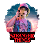 Personagem de "Stranger Things" segurando um microfone e utilizando um boné, em um fundo colorido com nuvens e aves, representando uma cena típica da série de ficção científica e terror.