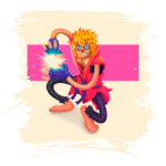 Personagem colorido e estilizado com cabelo desgrenhado e óculos de sol, concentrado ao canalizar energia mágica com as mãos, vestindo uma roupa vibrante em um fundo decorativo.