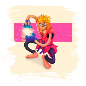 Personagem colorido e estilizado com cabelo desgrenhado e óculos de sol, concentrado ao canalizar energia mágica com as mãos, vestindo uma roupa vibrante em um fundo decorativo.