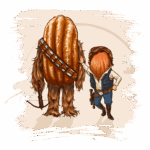 Ilustração de personagens icônicos de ficção científica, mostrando um Wookiee grande e peludo ao lado de um jovem com cabelo ruivo, ambos vestidos em trajes de aventura. O Wookiee usa um bandoleira e o jovem segura uma arma, destacando a amizade e a camaradagem entre eles. Arte em estilo cartoon com fundo suave.