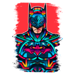 Ilustração colorida do Batman com um design moderno e estilizado, apresentando detalhes vibrantes em azul, vermelho e amarelo, contra um fundo vermelho.