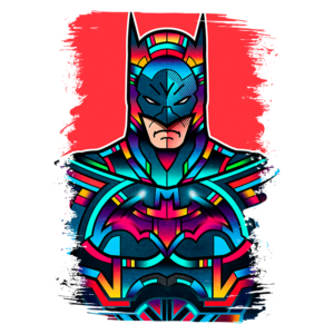 Ilustração colorida do Batman com um design moderno e estilizado, apresentando detalhes vibrantes em azul, vermelho e amarelo, contra um fundo vermelho.
