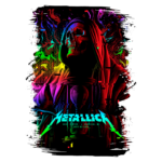 Pôster do show da banda Metallica, apresentando uma figura esquelética em uma túnica, com um fundo vibrante em cores neon, representando uma estética de rock e metal. Data e local do evento: 01 de setembro de 2018, Komp Center, Madison, WI.